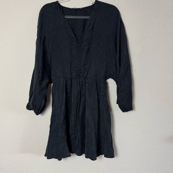 Zara Black Long Dolman Sleeve Mini Dress Gathered V Neck - Picture 2 of 9